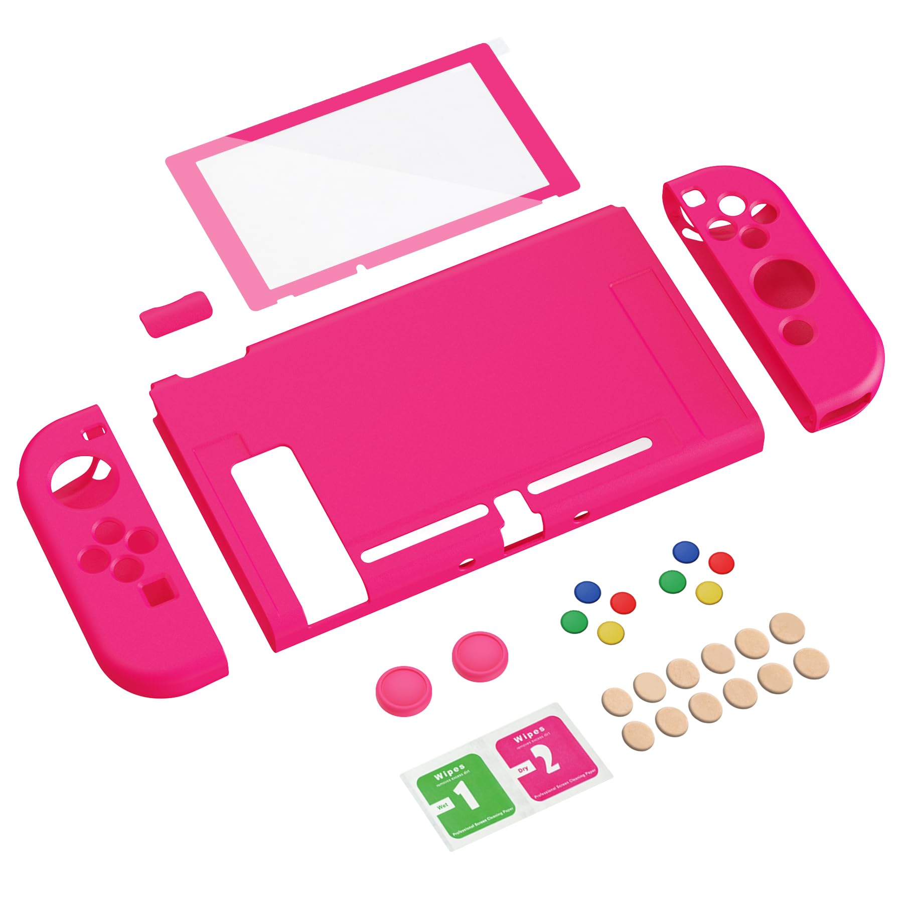 PlayVital Coque pour Switch Protection,Joycon Cover avec Capuchon pour Nintendo Switch et Protecteur d'Écran & ZealProtect Boutons-Rose Brillant