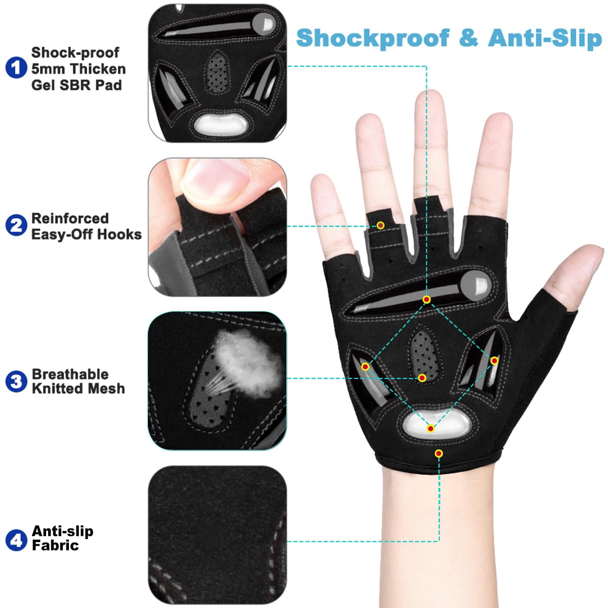 LUROON Gants Cyclisme Demi Doigt Gant Réfléchissant Gel Bicyclette Courts Homme Femme VTT Moto
