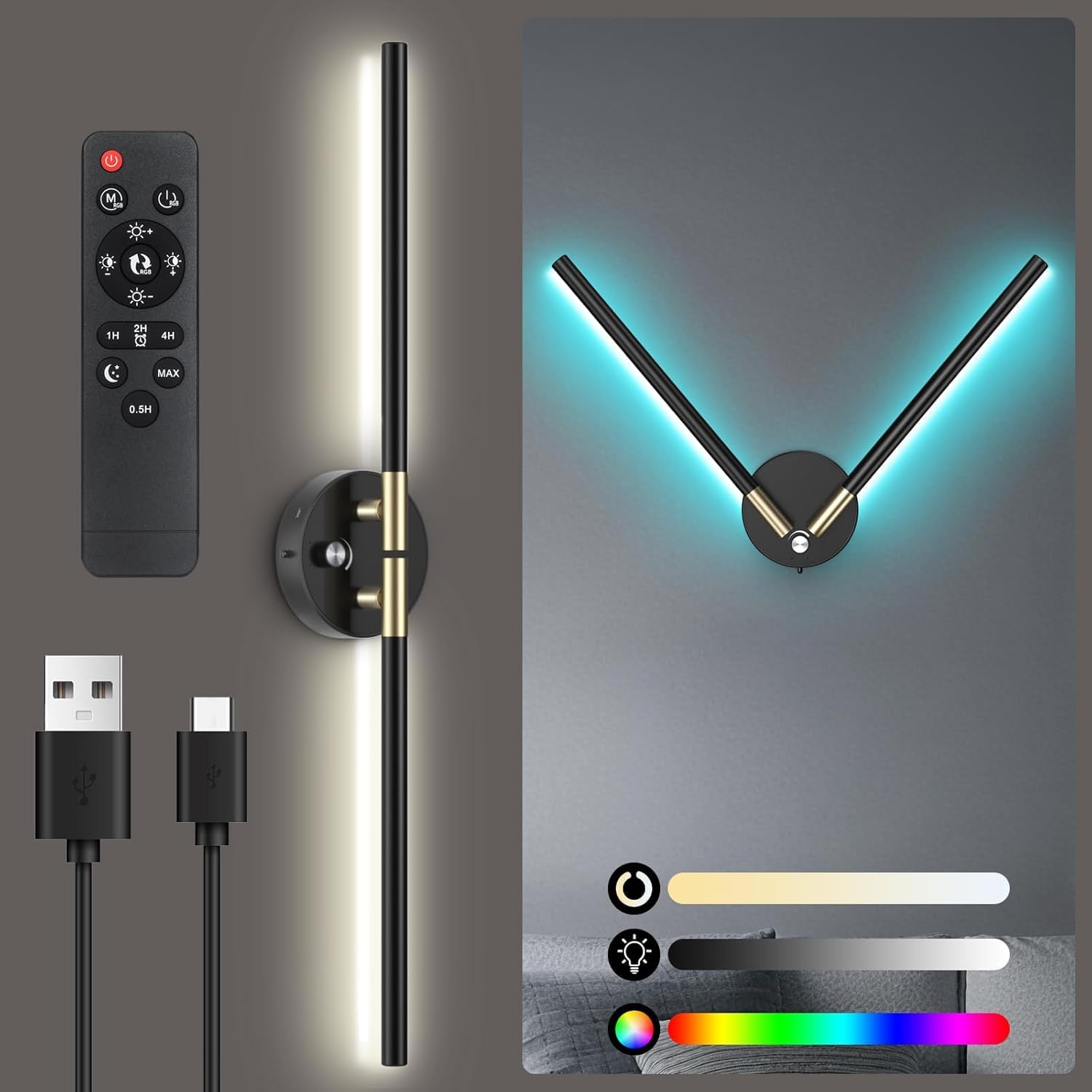 Wall Sconces with 360°DIY Independently Rotatable Lamp,10000mAh Rechargeable Battery Operated,Wireless Magnetic Wall Lights with Remote,RGB Colors&Dimmable,Wall