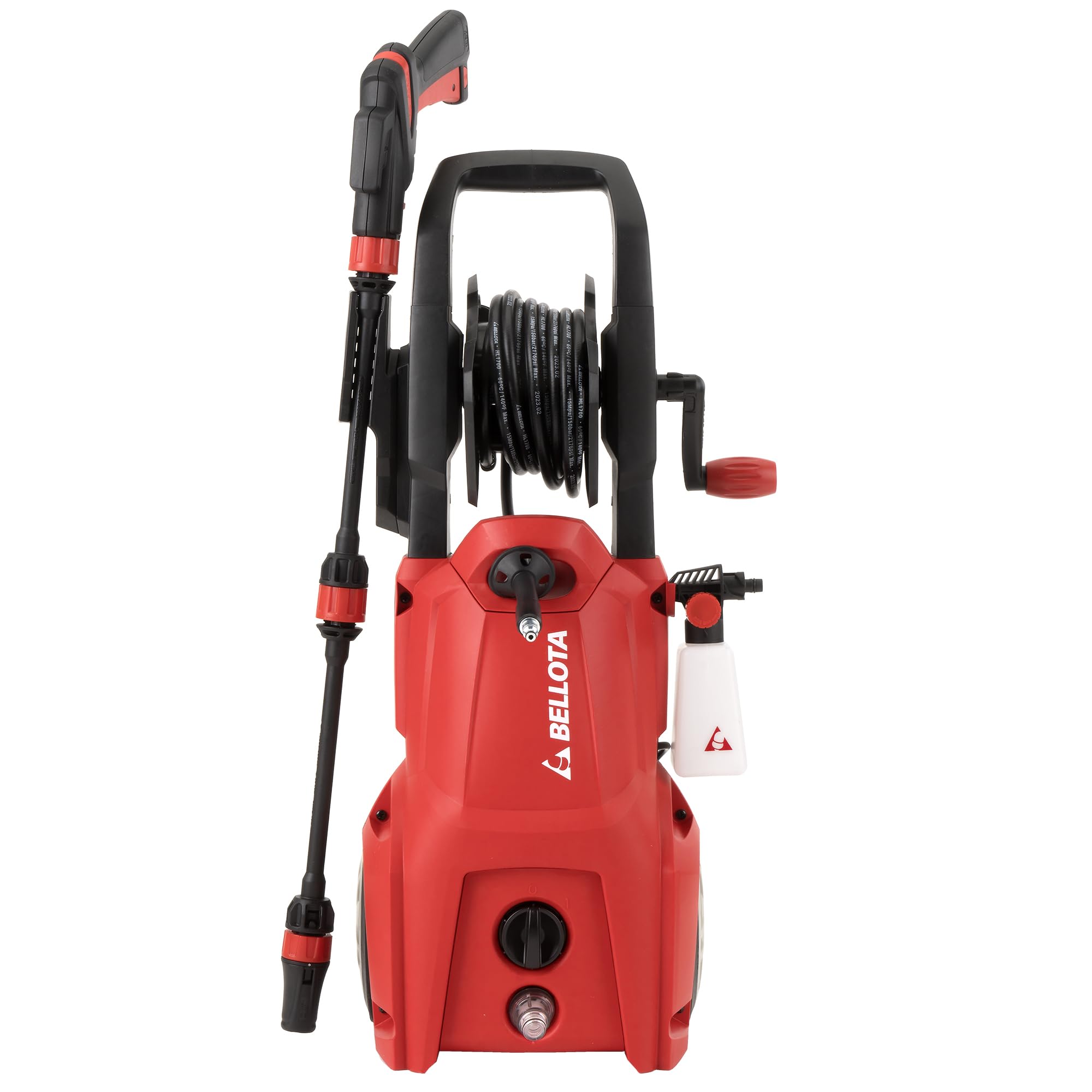 Bellota HL1700E- Hidrolimpiadora, Potencia: 1,7 kW, Presión Máx: 140 Bar, Caudal: 380 l/h, Manguera 5 m (PVC), Peso: 8 kg, Pistola No Force, Ruedas, Succión Agua,Filtro de Agua Extraible,2 boquillas