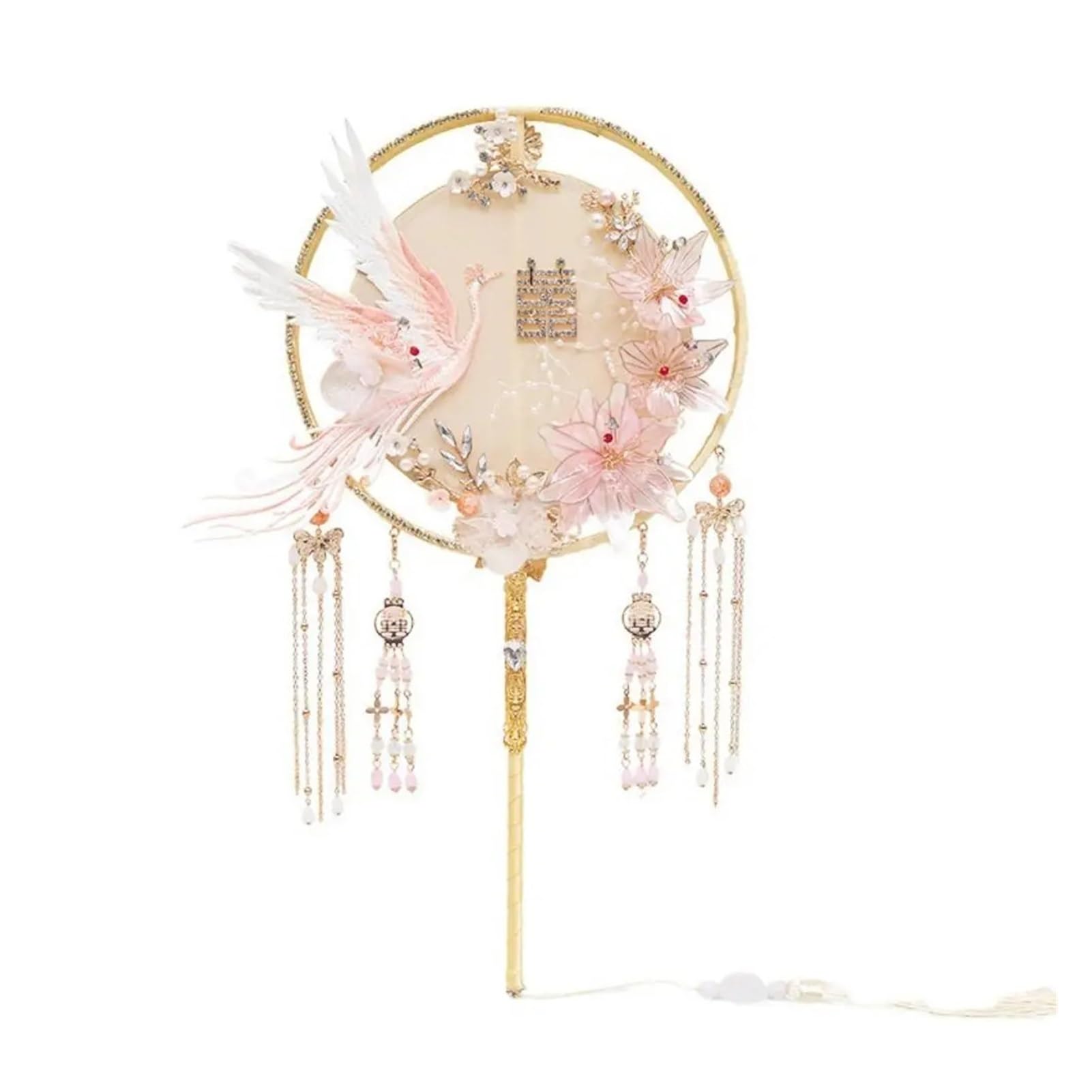 DYMKIE Double-sided Phoenix Round Fan Long Handle Hand Embroidery Bridal Finished Product Handmade Bride Holding(Gold)