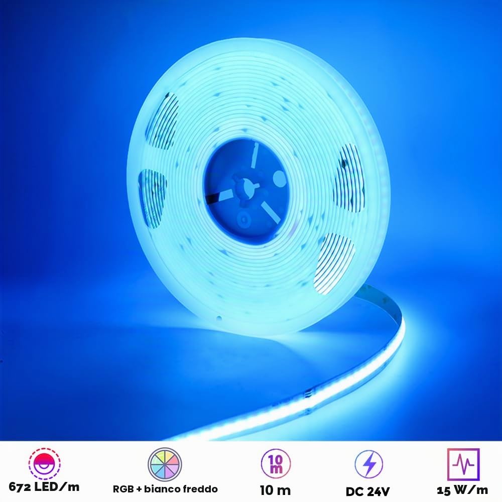 Striscia LED COB 24V RGBCW dimmerabile, da 10 m RGB+bianco freddo 6000K Catena luminosa a 672 LED/m Alta densità, striscia flessibile senza punti luminosi per cucina