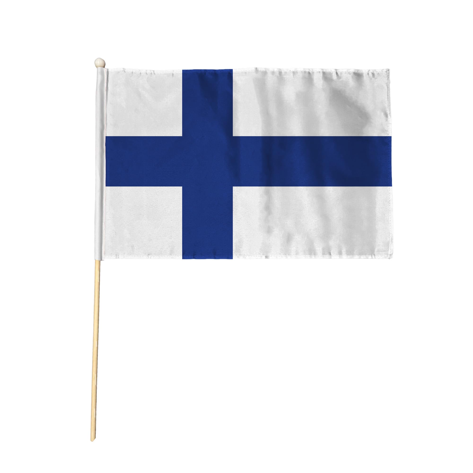 Flagtex Finland Pack of 2 Hand Waving Flag (18x12 Inch Large) - Premium Wooden Stick Hand Flag Big Size Natural Wood Pole European White Blue Nordic Cross Flag Events Parades — image 1