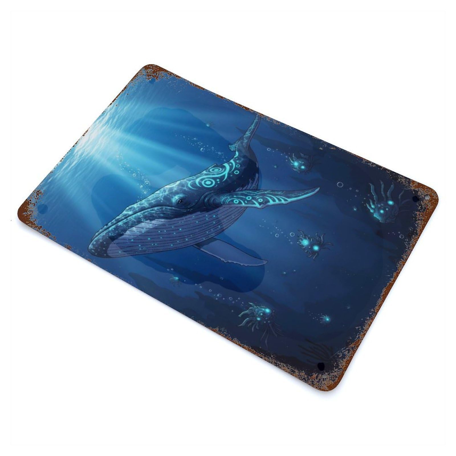 Rust Effect Glowing Whale Underwater Scene Rusty Metal Tin Sign 11.8"x7.9", Old School Wall Decor for Pub, Kitchen And Man Cave Decor