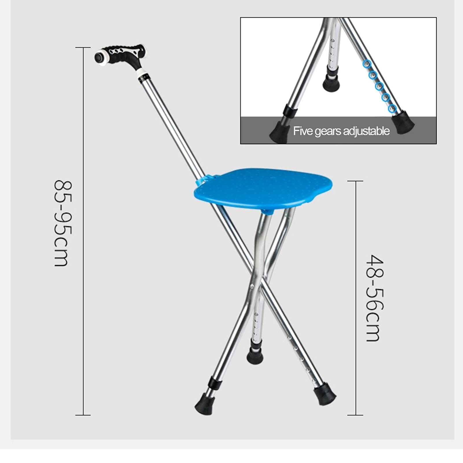 Asiento de bastón plegable, silla de caña de aluminio ajustable de altura con luz LED, taburete de muleta para ancianos, personas mayores y discapacitados, mango de masaje y base antideslizante, azul