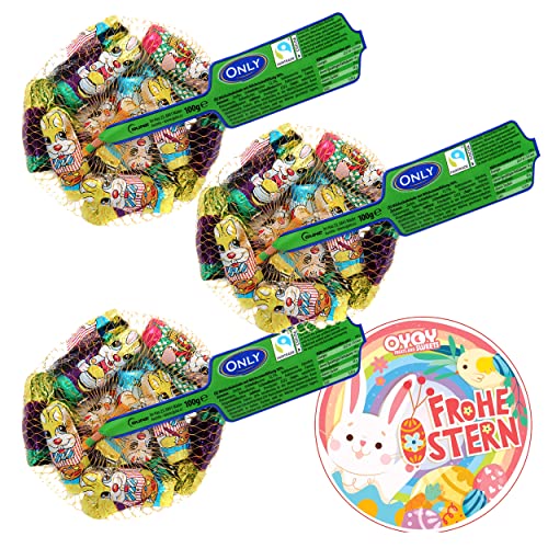 3 x 100g Bunte Osterhasen aus Milchschokolade mit Milchcremefüllung I mit Aufkleber I mini Osterhasen aus Schokolade I Ostersüßigkeiten I Oyoy Osterschokolade I Schokoladengeschenk Ostern Cover