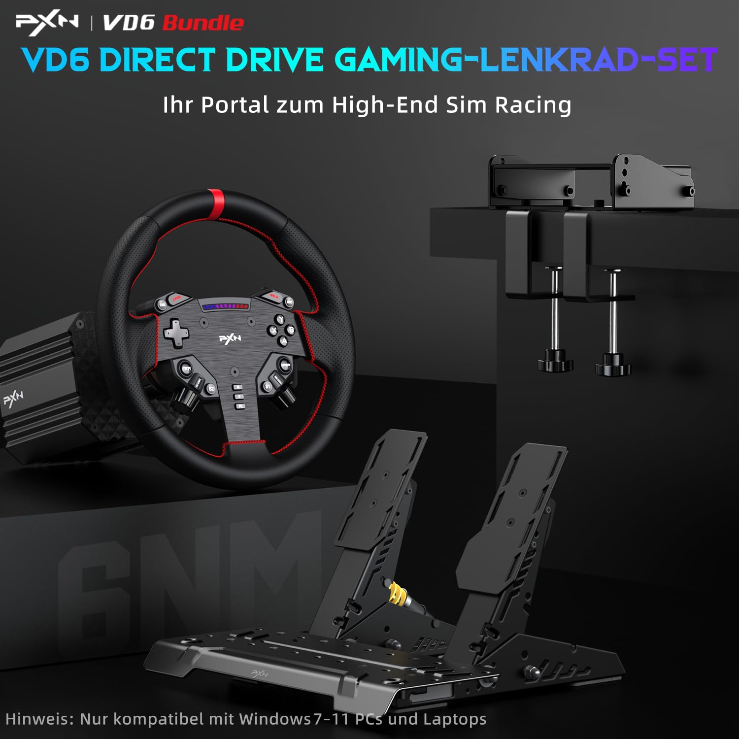 PXN VD6 Gaming Lenkrad Bundle – Direct-Drive-Rennlenkrad-Set mit 6 Nm Servomotor-Basis, W AS Gaming-Lenkrad (28 cm), PD HM 2-Pedal und Tischklemme – Sim-Racing-Set für PC