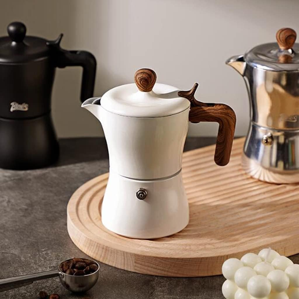 Estufa italiana para café expreso, cafetera de aluminio de 3 tazas, cafetera Moka con mango de madera (blanco)