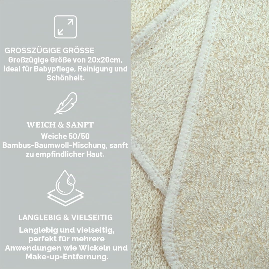 Wischtücher aus Bambus und Baumwolle von Muslinz, 12 Stück, Frotteetücher, 20 x 20 cm, Waschlappen, waschbar, wiederverwendbar, Baby-Tücher