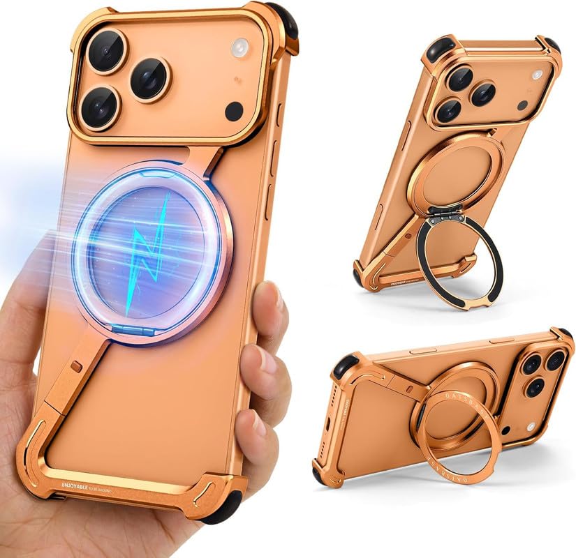 Image of Z Shaped Frameless Metal Bumper Compatible with iPhone 17 Pro Max with 360 Rotate Ring Kickstand | Luxury Aluminum Armor Case | Super Slim Metal - Orange Titanium