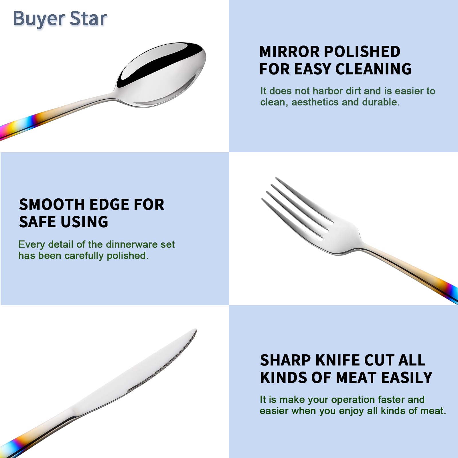 Buyer Star 16-teiliges Regenbogen-Besteckset aus Edelstahl, schillernder Griff, Löffel, Messer und Gabel Sets für 4, elegantes Besteck-Set, Geschirr für den Alltag und spülmaschinenfest