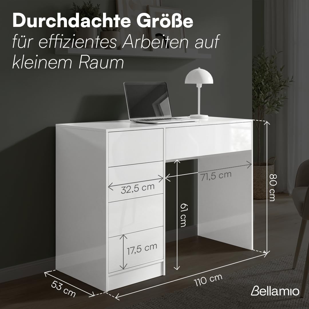 Bellamio Livny Schreibtisch Hochglanz Weiß mit 5 Schubladen, Bürotisch | Schminktisch, Jugendschreibtisch, 80x53x110 cm, Schubladen beidseitig montierbar, Schreibtisch mit Stauraum, White Desk