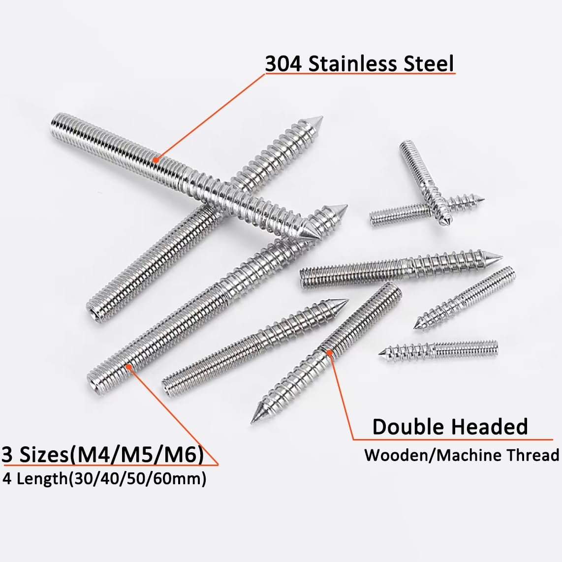 40 Pcs M4 M5 M6 Hanger Bolts, Double Sided Screws, Stainless Steel Screw Self-Tapping Double Ended Screw for Wood Joints(30/40/50/60mm) - Image 3