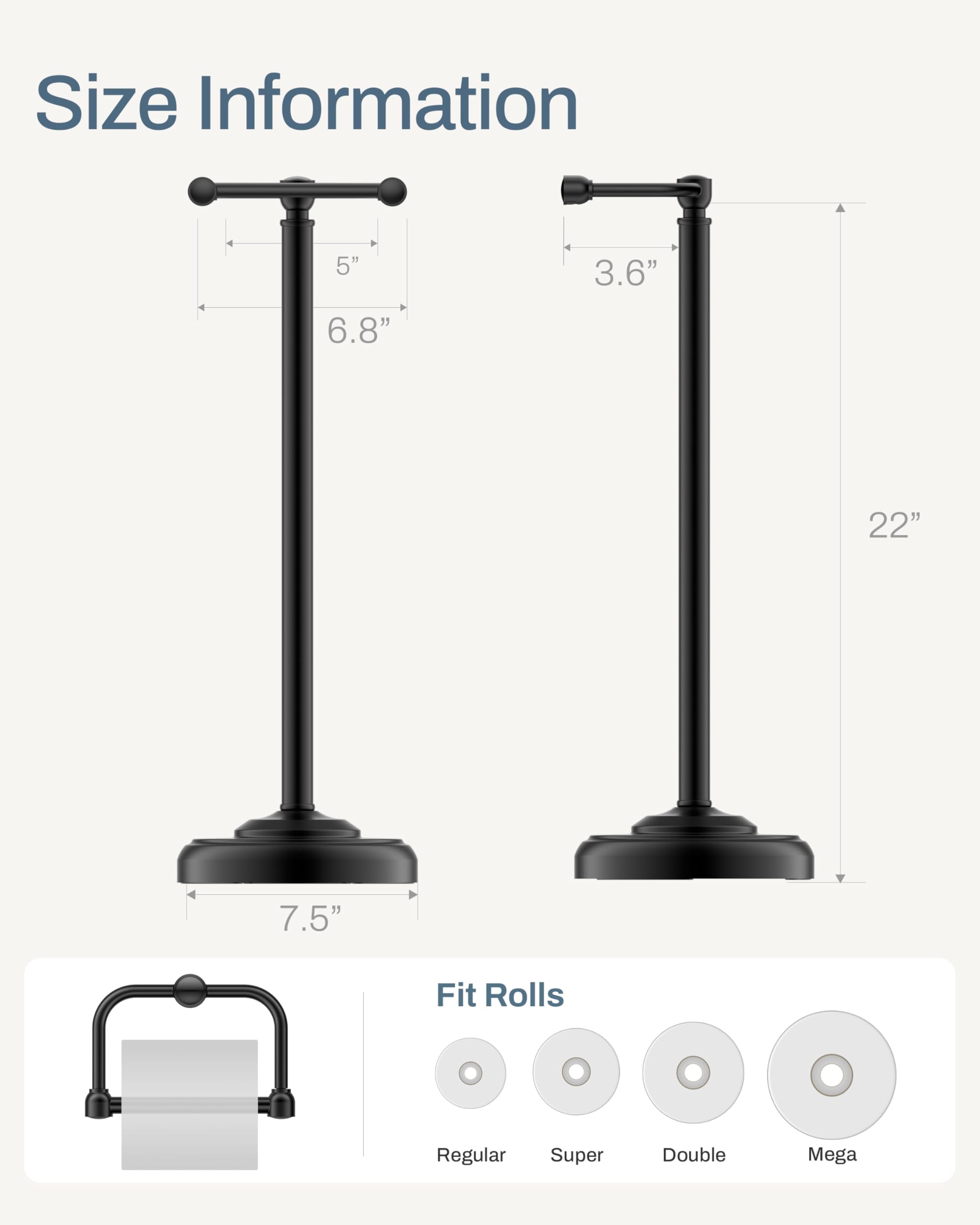 Matte Black Toilet Paper Holder Stand Freestanding, Weighted Base, 22 in — Amazon image 9
