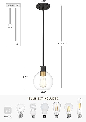 Miniatura 3 de Tawson Dan Modern Farmhouse - Lámpara de techo colgante de 1 luz con pantalla de cristal transparente de 6.5 pulgadas en acabado negro dorado para