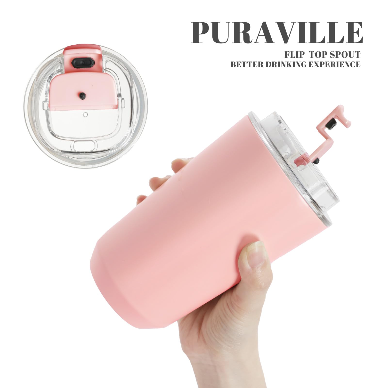 Puraville Isolierte Trinkgläser mit Deckel, 400 ml, Reise-Kaffeebecher, Edelstahl-Vakuumbecher, auslaufsicher, doppelwandiger Kaffeebecher für Eis- und Heißgetränke, Rosa und Hellblau, 2 Stück