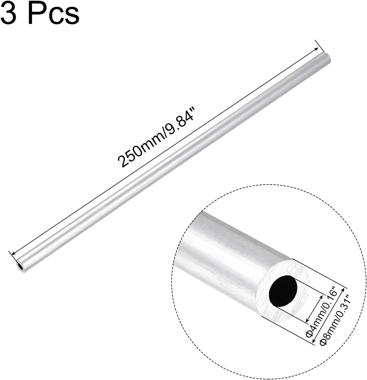 6063 Aluminum Round Tube 8mm OD 4mm Inner Dia 250mm Length Pipe Tubing 3 Pcs