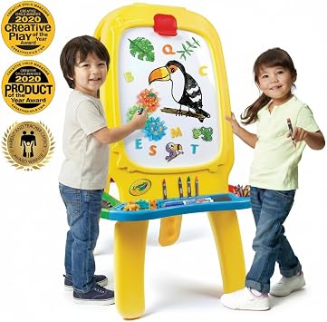 Crayola Deluxe Magnetic Double-Sided Easel Extra Large Magnetic Dry Erase & Chalkboard Adjustable Height Art Station with 4 Storage Bins & Paper Roll Includes Magnets & Gears