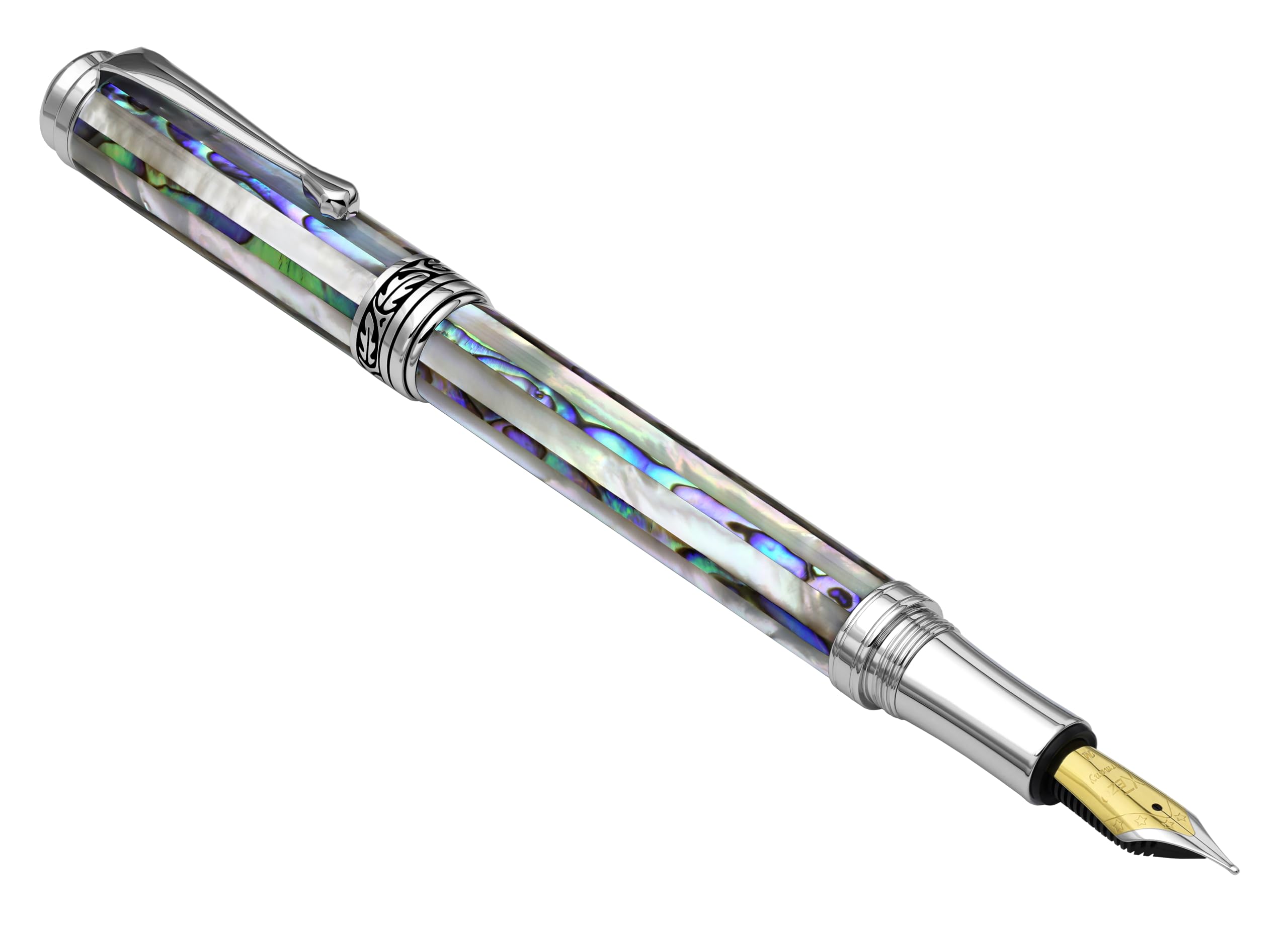 Xezo Maestro Jubilee stylo plume, pointe moyenne. Nacre blanche océanique et coquillage d'abalone pāua irisé. Édition limitée, seulement 223 pièces fabriquées. Fait main, chaque plume est unique