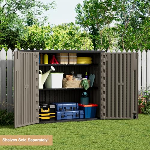 Image of KINYING Outdoor Horizontal Storage Sheds,Outdoor Storage Cabinet Waterproof Resin Tool Storage Box for Lawn Mower,Garden Tools and Patio Furniture, Lockable (Brown)