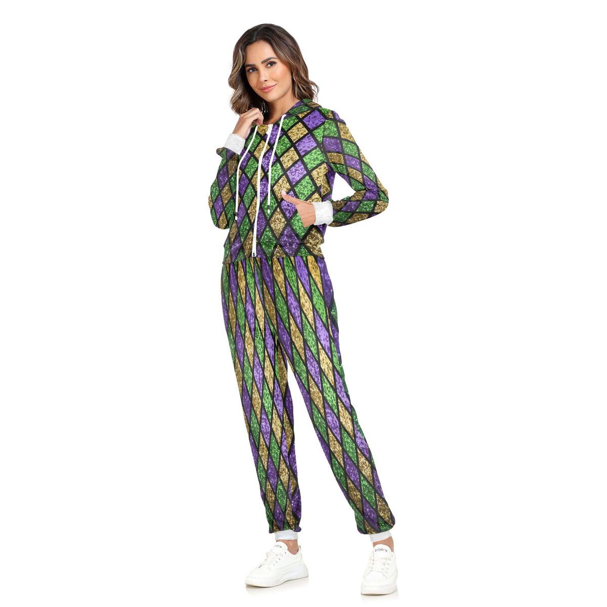 Conjunto deportivo de 2 piezas para mujer, color verde brillante, manga larga, diseño geométrico