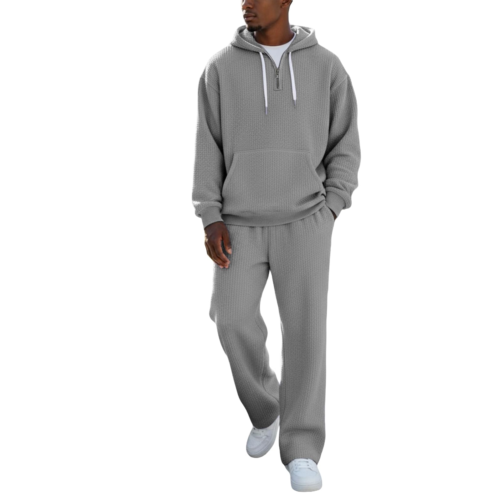Herren-Trainingsanzug-Set, lässig, 2-teilig, langärmelig | Sweathosen-Set mit elastischem Bund, Waffelmuster, einfarbig, minimalistisch, lässig, athletische Outfits