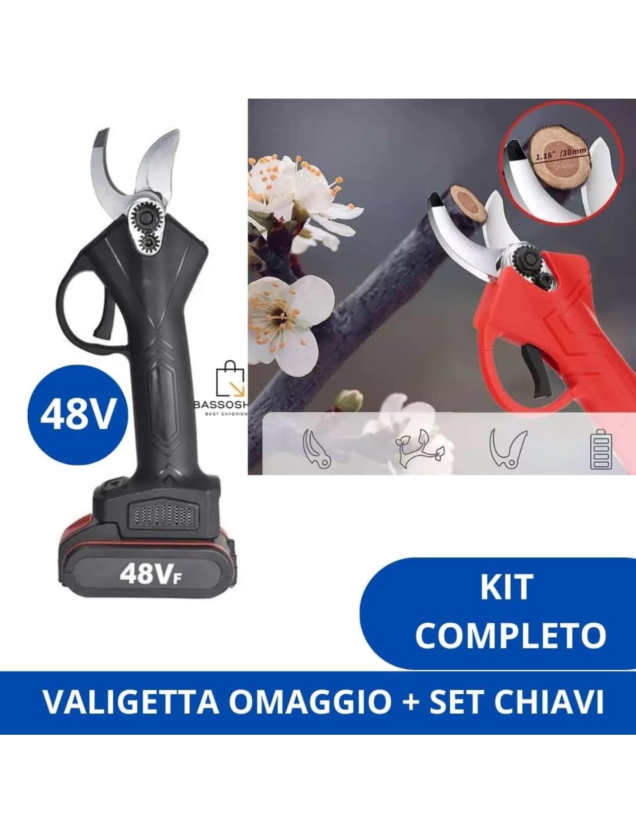 Bdit accesorios Tijeras de Poda con 2 Baterías de 48V Trituradora de Ramas Profesional Tijeras Eléctricas Tijera de Jardín Árboles Frutales Inalámbrica Sin Cables Arbustos, verde azul