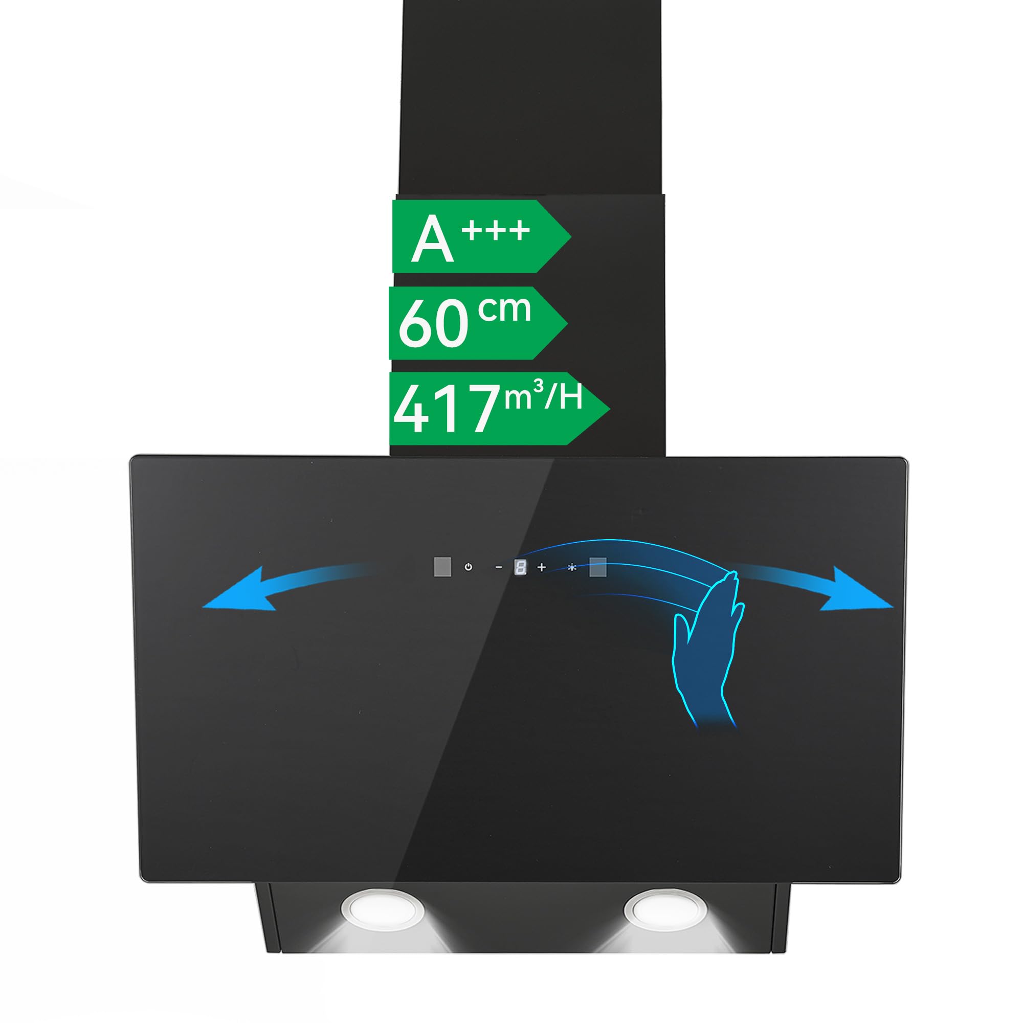 Dunstabzugshaube Schräghaube 60 cm A+++ 416 m³/h 58 dB Leise Touch- & Gestensteuerung Abluft/Umluft LED Schwarz