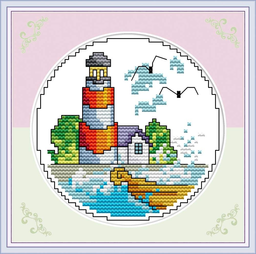 YEESAM ART Kit per punto croce stampato per adulti, principianti, bambini, tramonto in mare, 11 CT