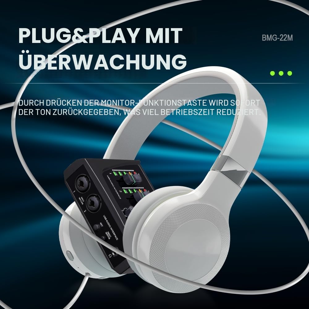 BOMGE Mini-2-Kanal-USB-Audio-Schnittstelle für Aufnahme, Streaming und Podcasting, mit XLR/48 V Phantomspeisung, Audio-Interface in Studioqualität für Gitarristen, Vokalist, Podcaster oder Produzenten