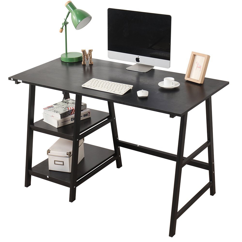 Computer Desk 55" Home Office Writing Study Desk, Modern Simple Style PC Table Workstation with 2 Tier Storage Shelves, Black Metal Frame, Black