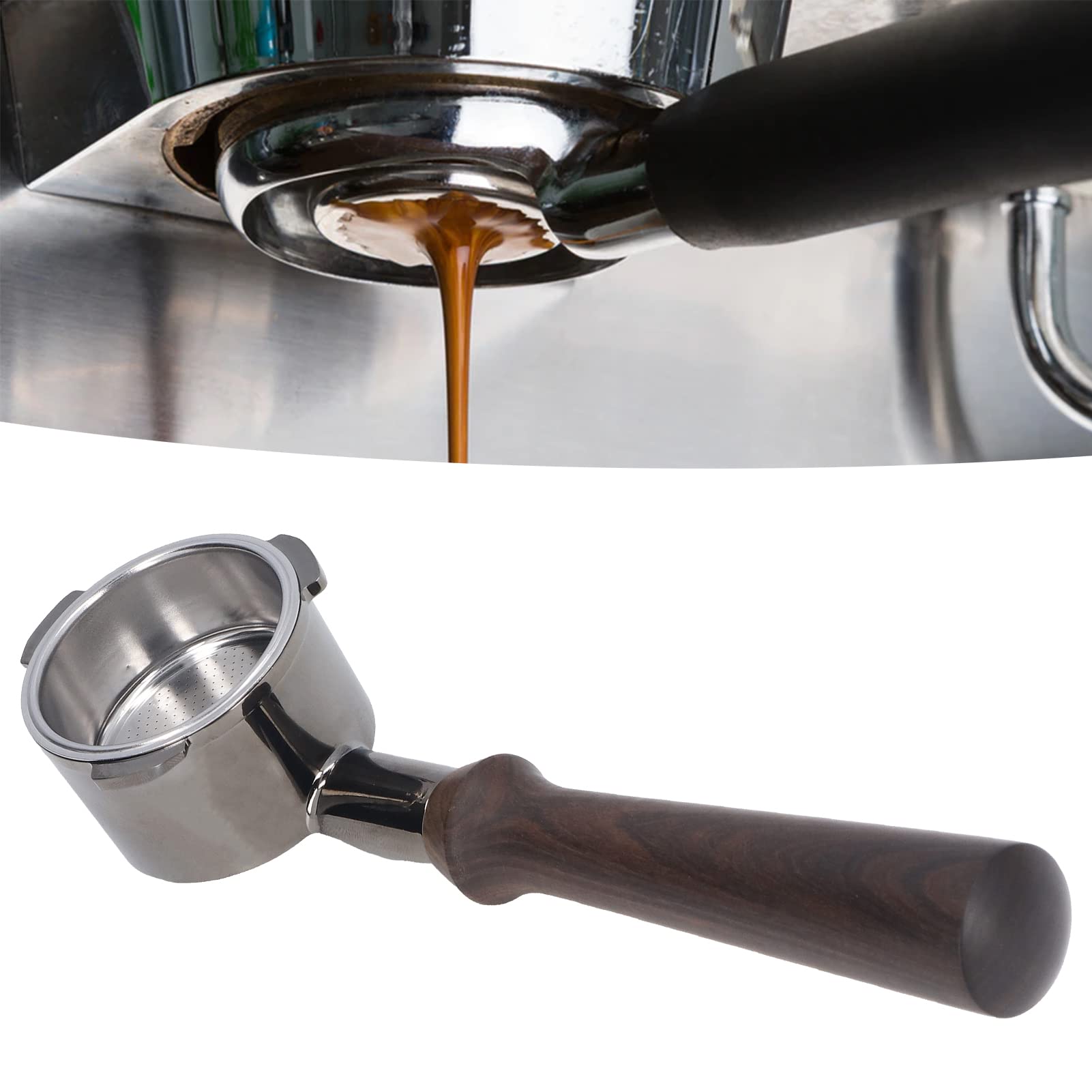 Portafiltro per caffè Portafiltro senza fondo in lega di zinco ergonomico con manico in palissandro nero da 51 mm per macchine da caffè