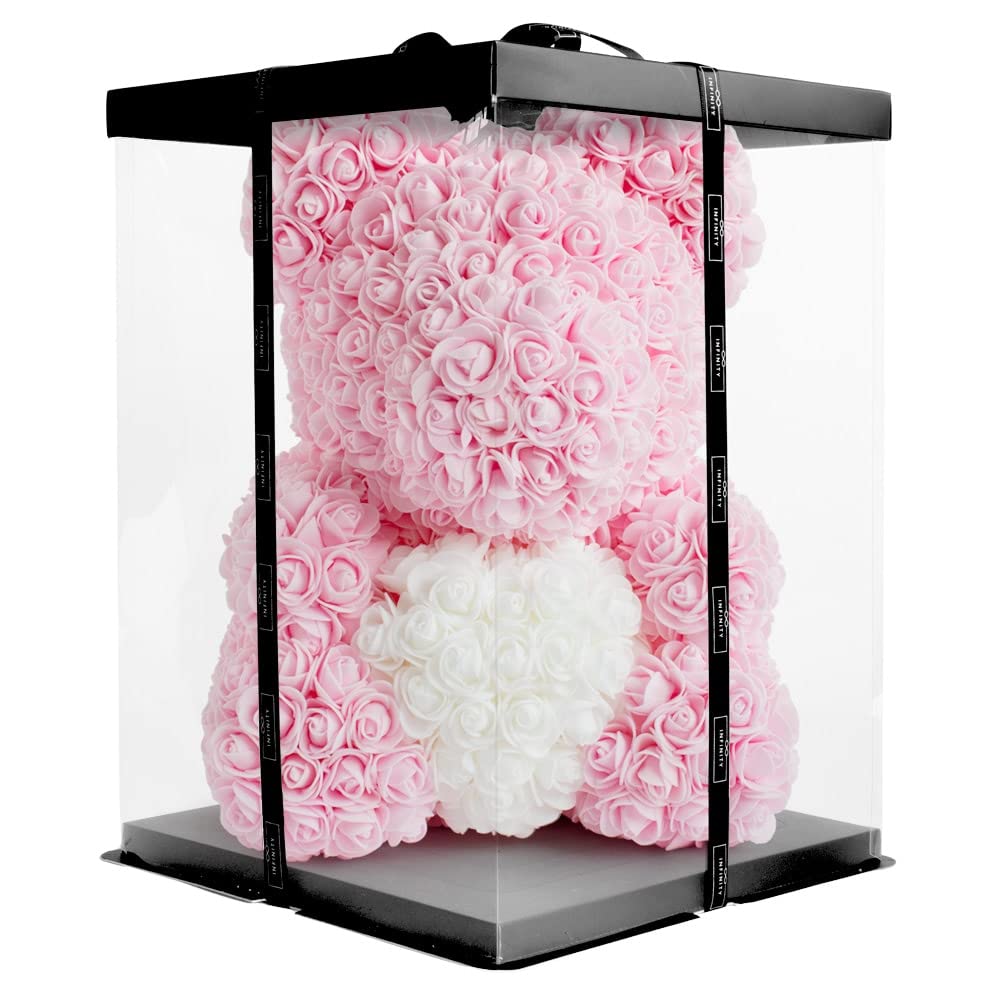 Infinity® Rosenbär Rosa 40 cm mit Herz – Handgefertigter Bär mit Geschenkbox & über 600 duftenden 3D-Rosen – Geschenk für Frauen, Geburtstag oder Jahrestag