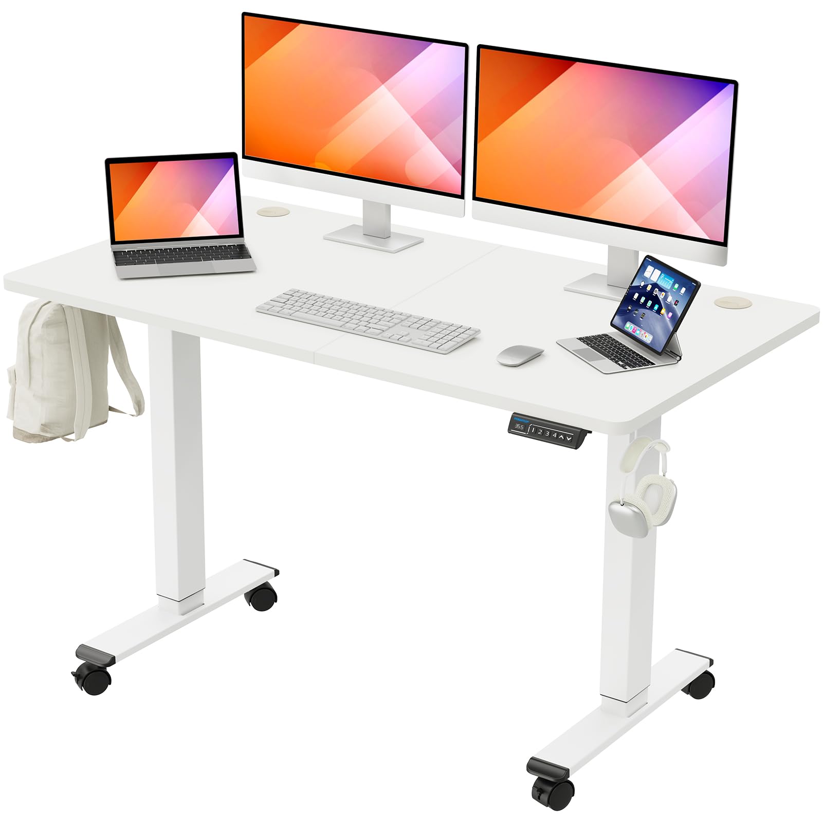 MOUNTUP Electric Height Adjustable Standing Desk, 55 x 28 Inches Sit Stand Desk with Memory Controller, Ergonomic Stand Up Desk for Home Office with Splice Board, White