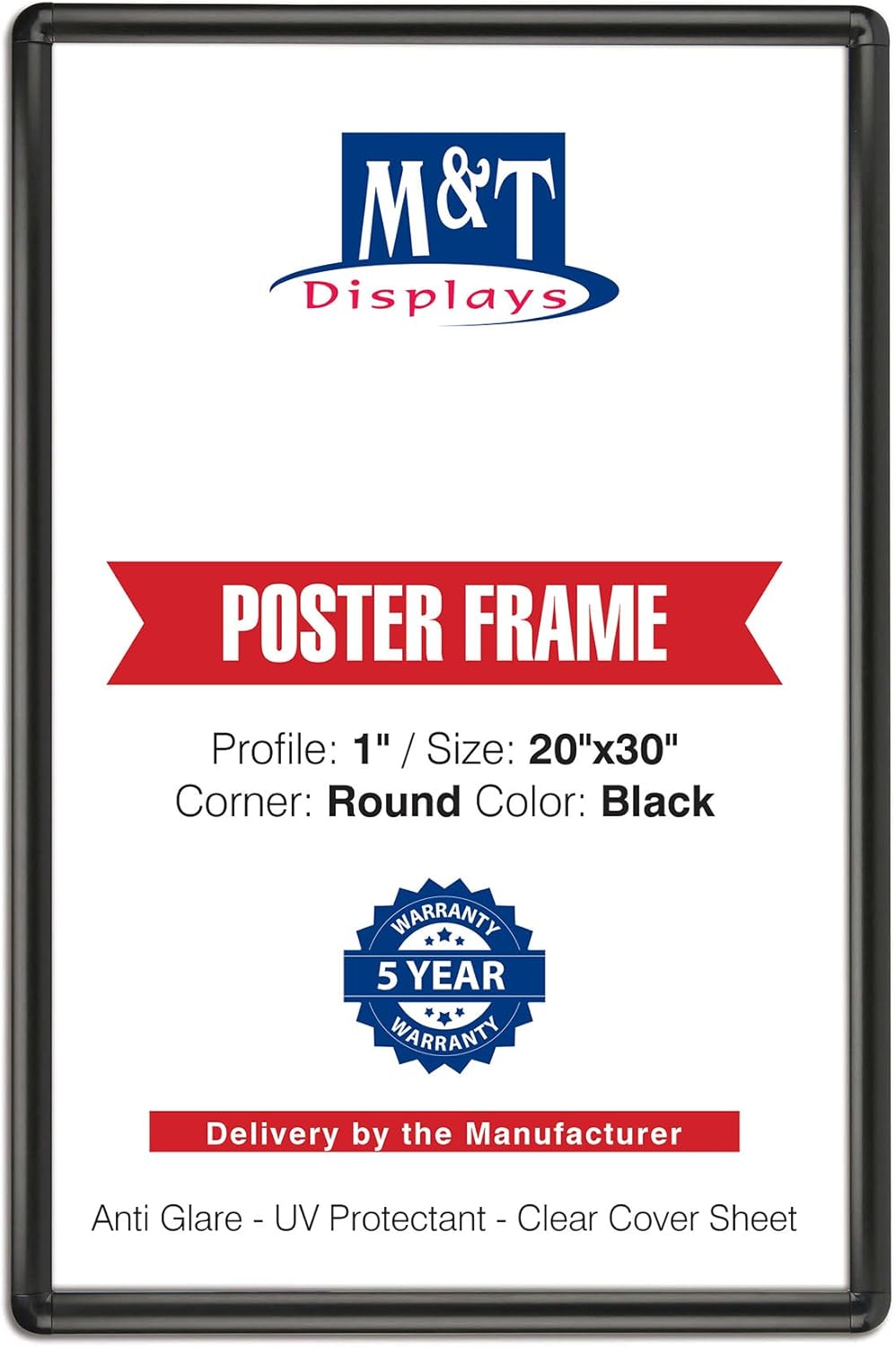M&T Displays Black 20x30 Poster Frame, 1" Aluminum Profile, Front Loading, Wall Mounting, Snap Open, 20 x 30 Large Picture Frames
