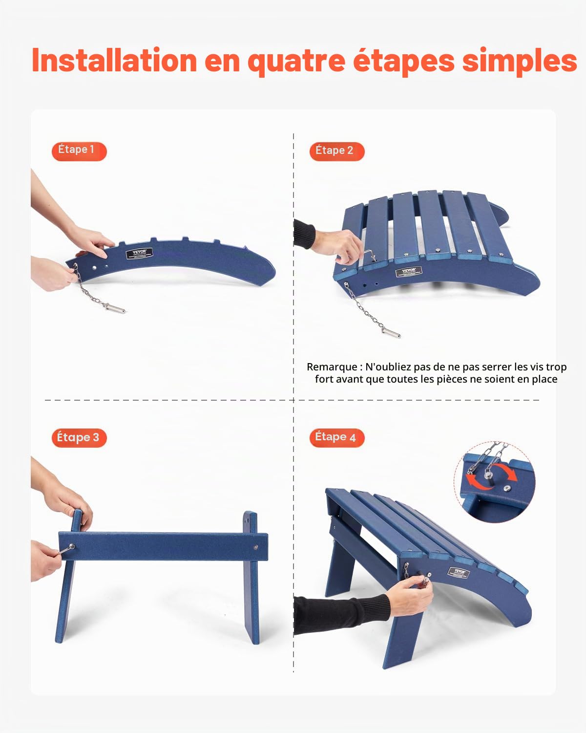 VEVOR Repose-pieds Pliable Adirondack, 475x480x350 mm, en PEHD, Résistant aux Intempéries pour Chaise Adirondack, Montage Facile, pour Extérieur, Patio, Porche, Piscine, Pelouse, Arrière-cour, Bleu
