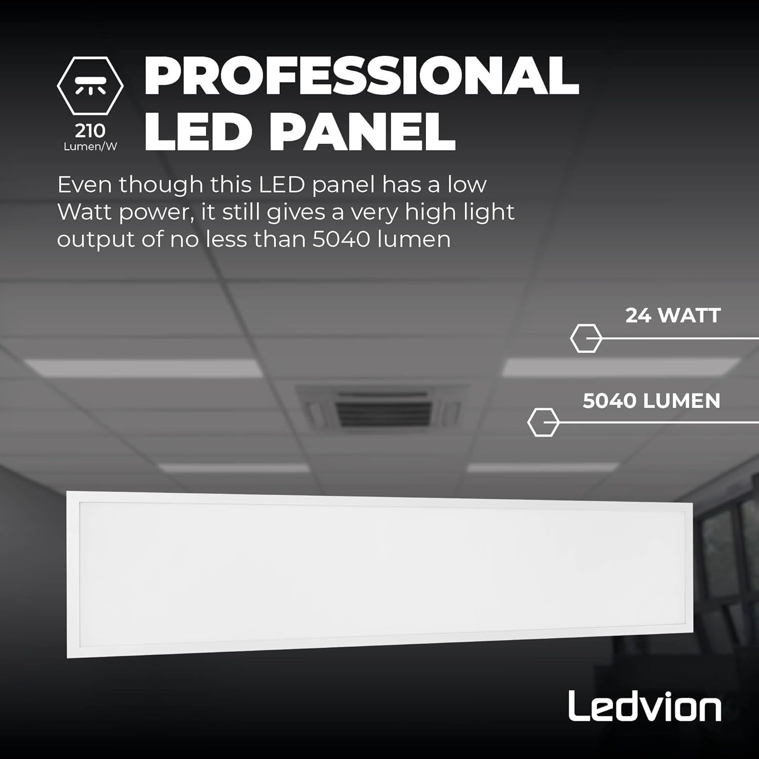 Graphic illustrating the Ledvion LED Panel's professional features, highlighting 24 Watt power, 5040 Lumen output, and 210 Lumen per Watt efficiency.