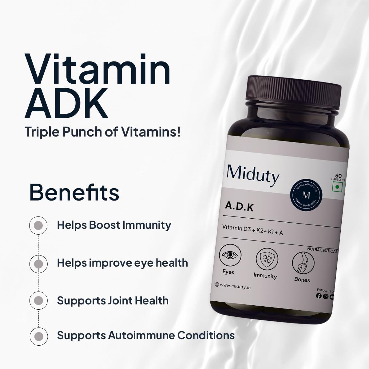 Miduty Vitamin ADK : A D3 K2 Supplements | Boost Immunity, Stronger Bones | Eyes, Immunity, Bones Care - 60 Capsules