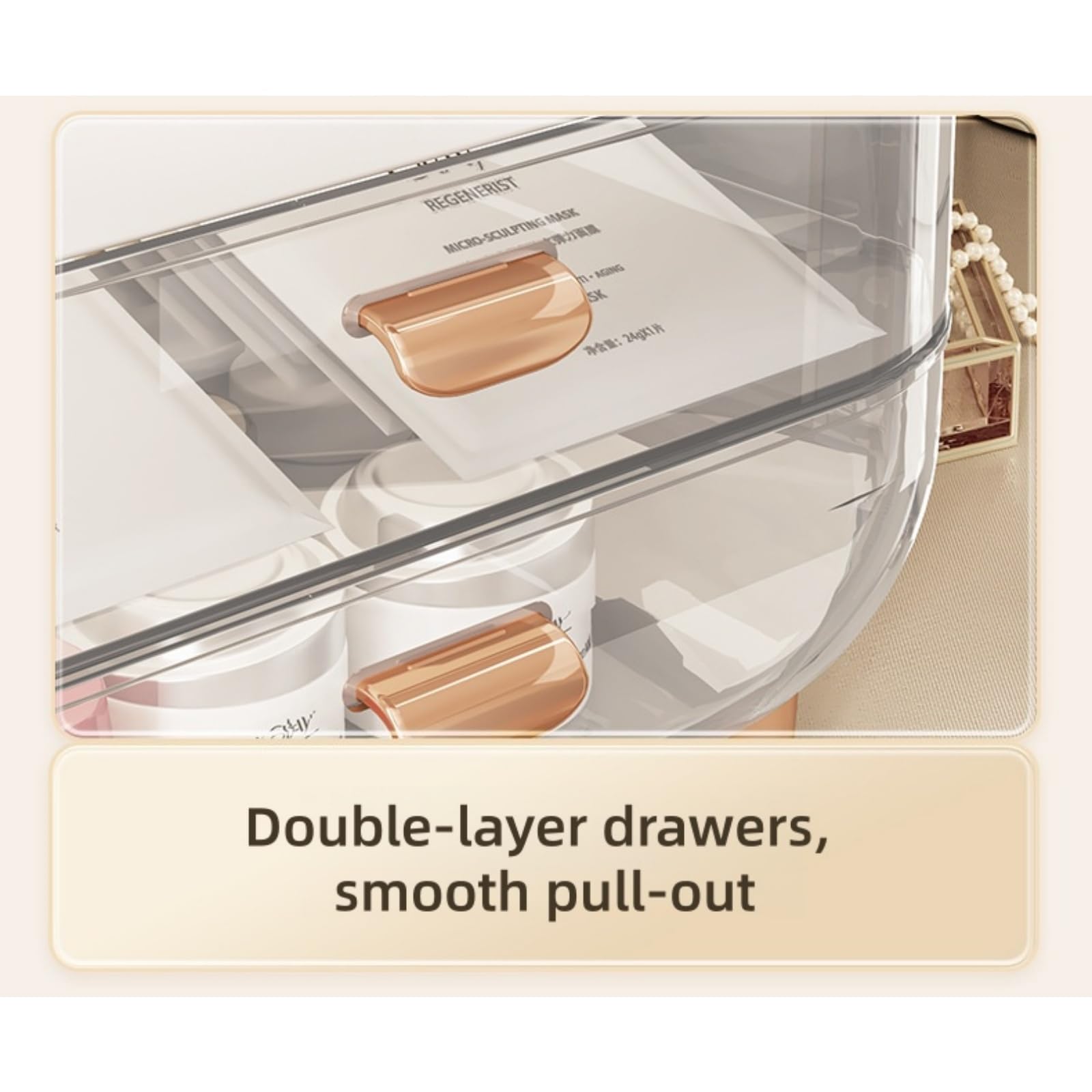 Organizador de maquillaje, organizadores para el cuidado de la piel con tapa transparente y 2 cajones y soporte giratorio de 360° para brochas