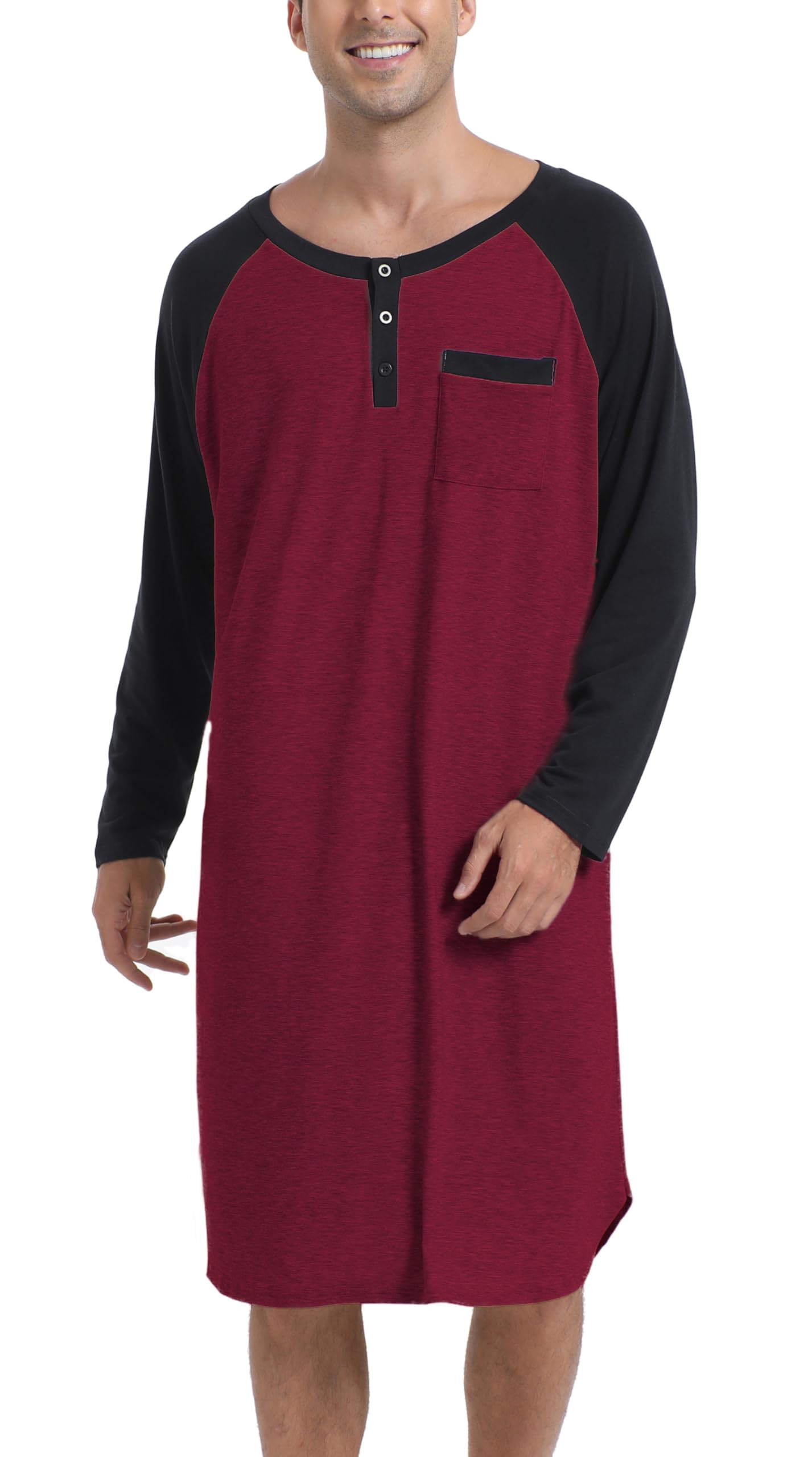 Enjoyoself Chemise de Nuit Homme Hauts de Pyjama Tee-Shirt Longueur Genou Manches Longues Col V avec Boutons Vêtements d'Intérieur Douce Confortable Grande Taille M-4XL