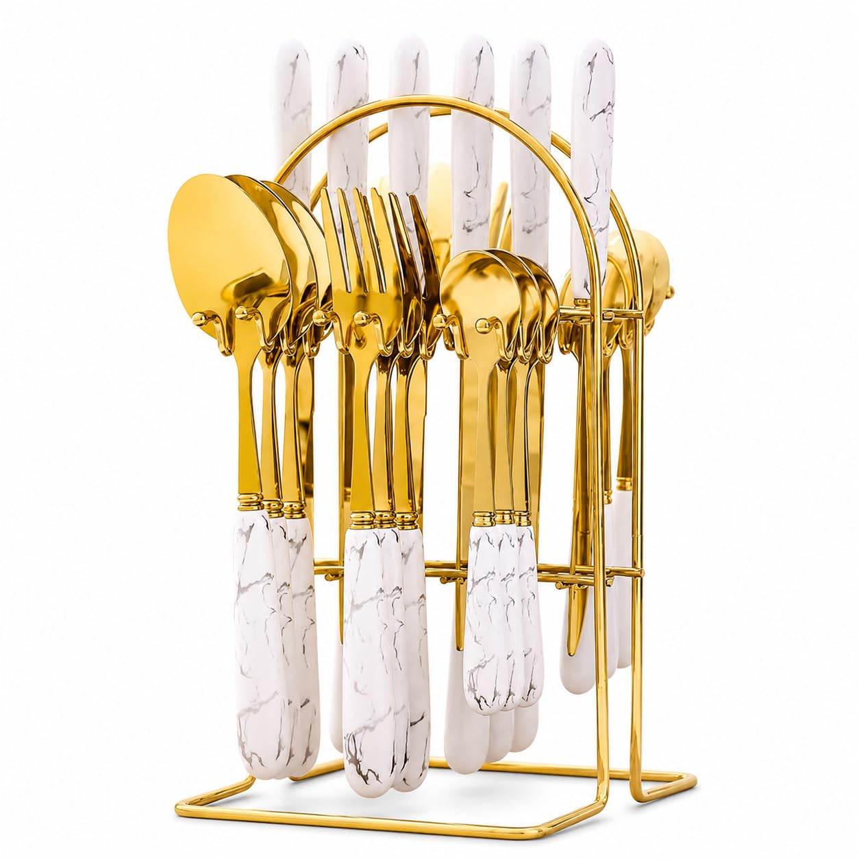 Spoon Fork & Knife Set - Cutlery Set with Stand - Gold Plated | Stainless Steel - 24 Pcs (White)