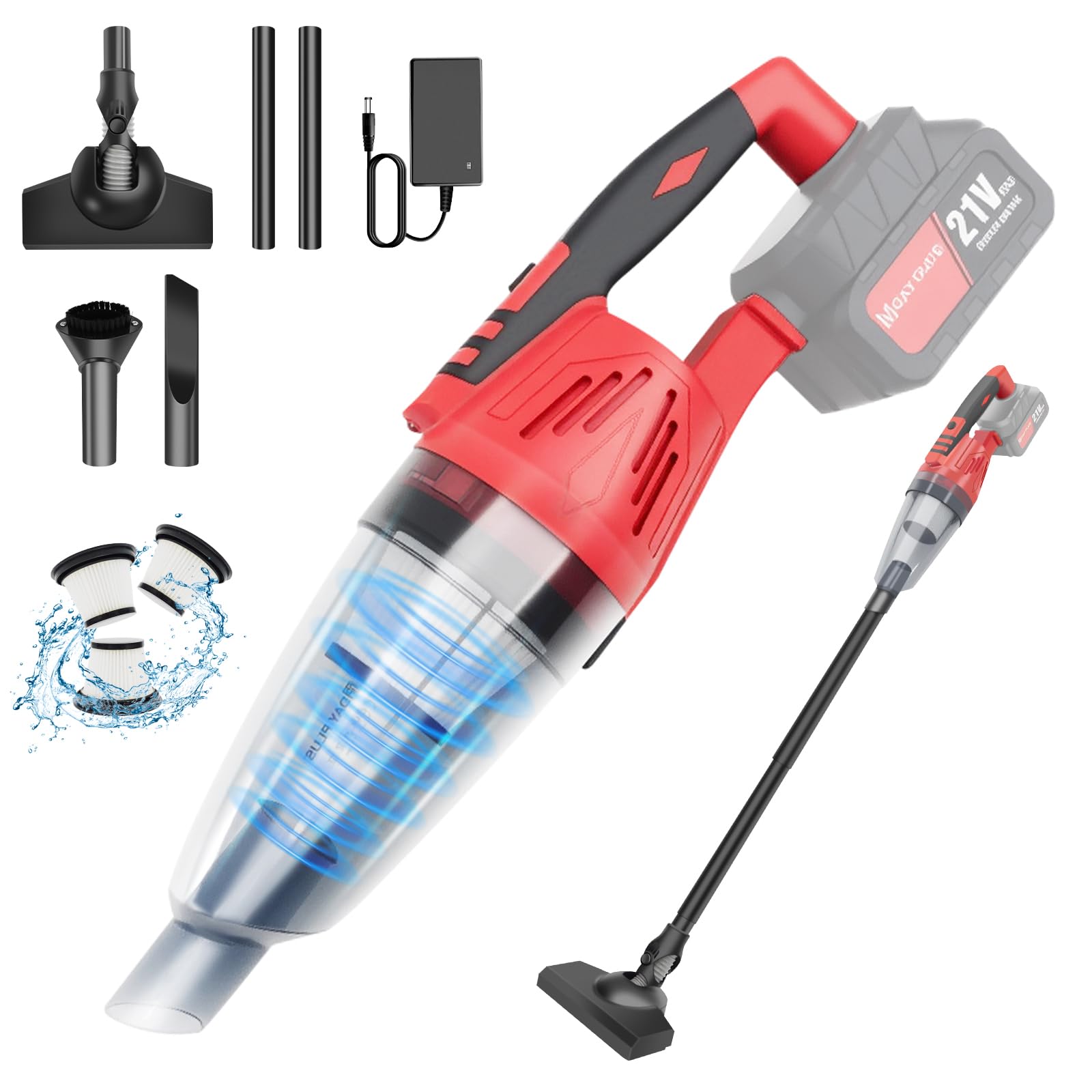 DayPlus Aspiradora de mano con batería de 21 V con 2 pilas de 2200 mAh y filtro HEPA lavable, 5500 Pa potente Scution, aspirador de mano más ligero para coche, casa, cocina