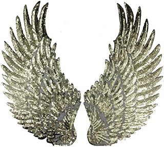 Zhiheng 1 Pair Jumbo Angel Wings Sequin Patches Iron on Sew on Appliques Embroidered Motif for DIY Clothing Accessories (Antique Gold)