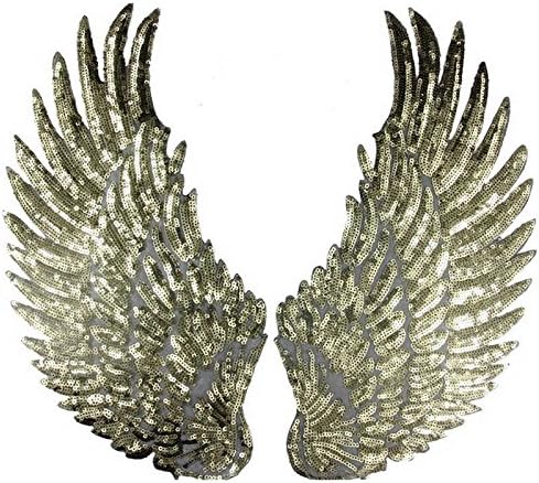 Zhiheng 1 Pair Jumbo Angel Wings Sequin Patches Iron on Sew on Appliques Embroidered Motif for DIY Clothing Accessories (Antique Gold)