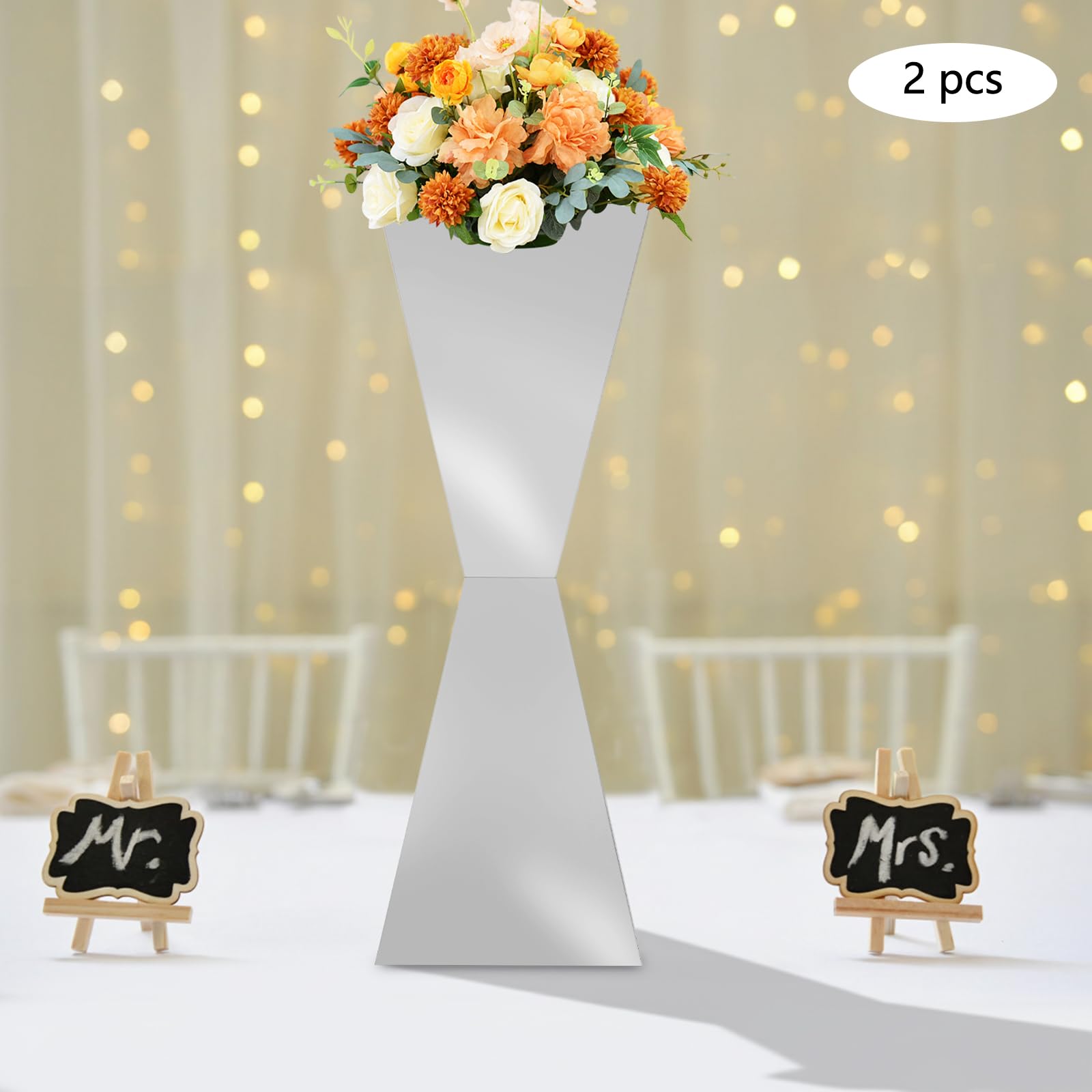 2 soportes para flores de acero inoxidable, soporte para postres, decoración de mesa (plata) | Estantería para flores, mesa de flores, superficie pulida, para bodas y eventos, 28 x 28 x 80 cm