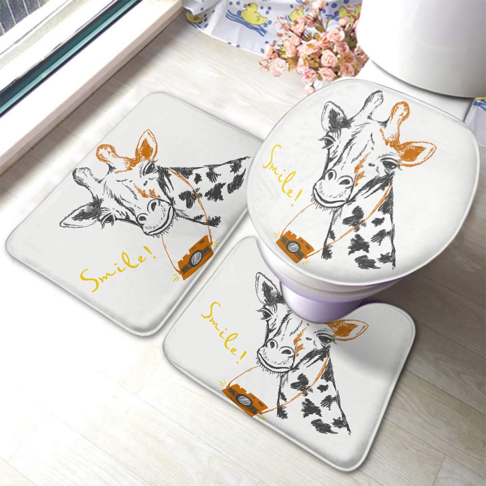 AOYEGOGiraffe Bath Mat Portrait of Wildlife Animal Giraffe with Camera Smile Doodle In Circus Bathroom Mat Set 3 Pieces Rug Toilet Seat Lid Cover Non Slip Mat Anti-skid Pad