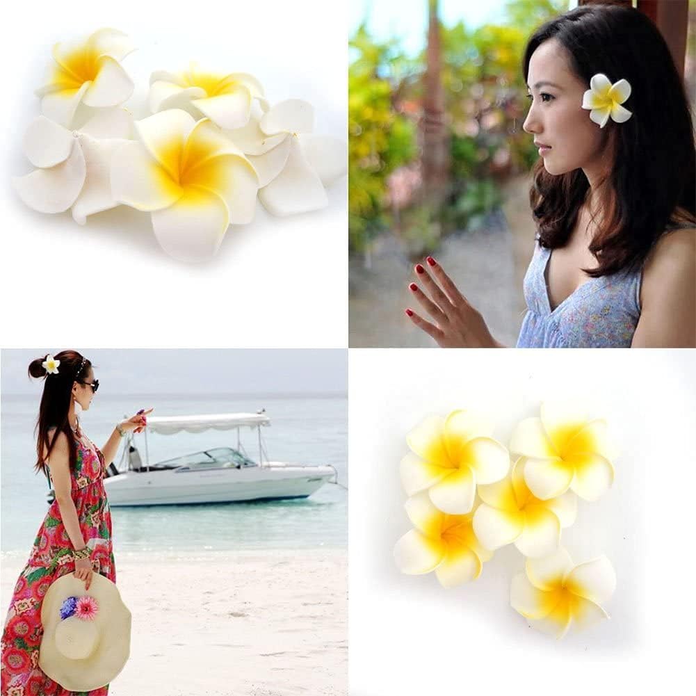 ALEVAN 2.4 inch Artificial Plumier Rubric Hawaiian Flower Petals Hair Hat Wreath Floral Hawaiian Foam Frangipani Flowers for DIY Home Beach Wedding Party Decoration (White, 36)