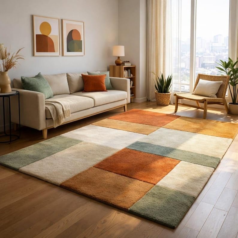 Tapis patchwork moderne géométrique en tons terre pour couloir ou descente de lit