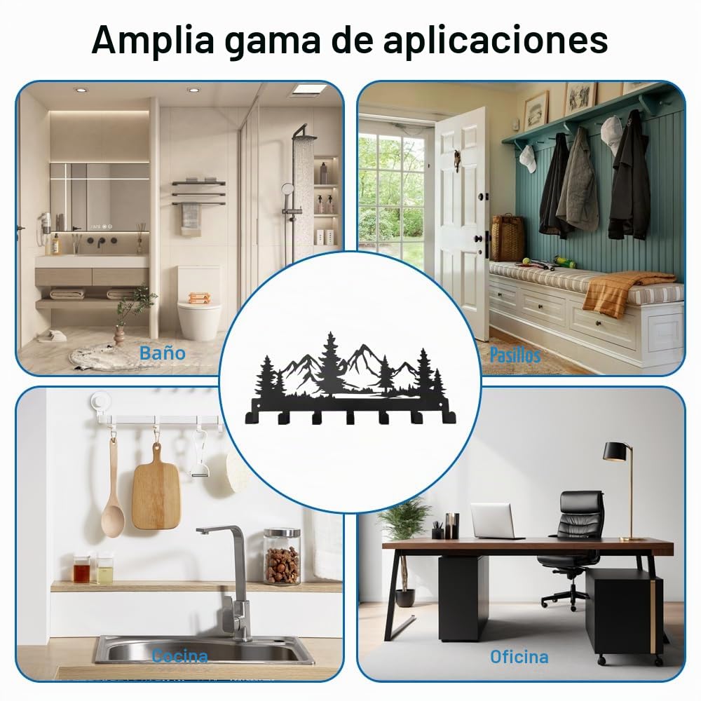 Colgador de Llaves de Pared, 27 x 12.8 cm Soporte para Llaves de Metal con 7 Ganchos, Negro Llavero de Pared Multifuncional, para Cocina, Entrada, Pasillo, Oficina y Dormitorio (Montaña de Nieve)
