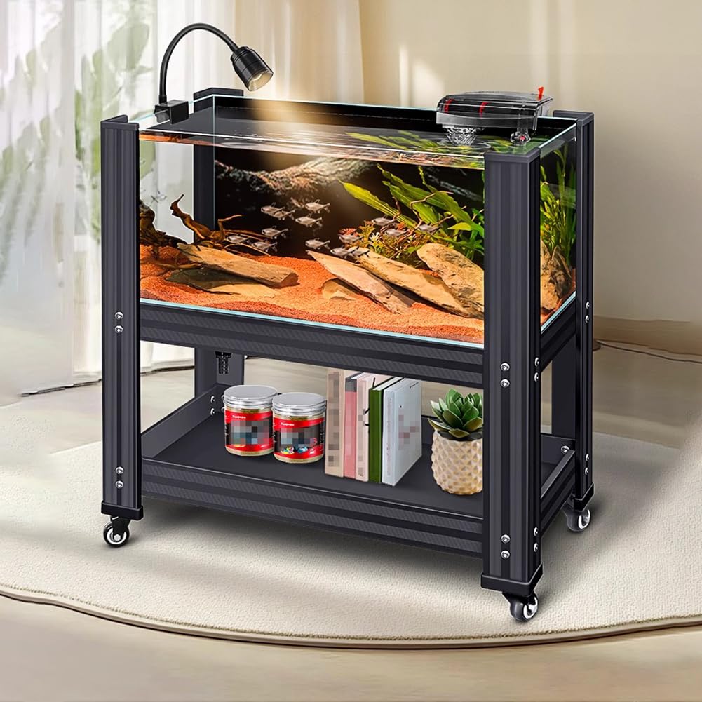 Juego De Acuario De Vidrio Grande, Equipo para Acuario con Ruedas, Acuario Vertical De Lujo, con Sistema De Filtración Y Luces, Acuario Integrado, Negro.,Length 62.7cm